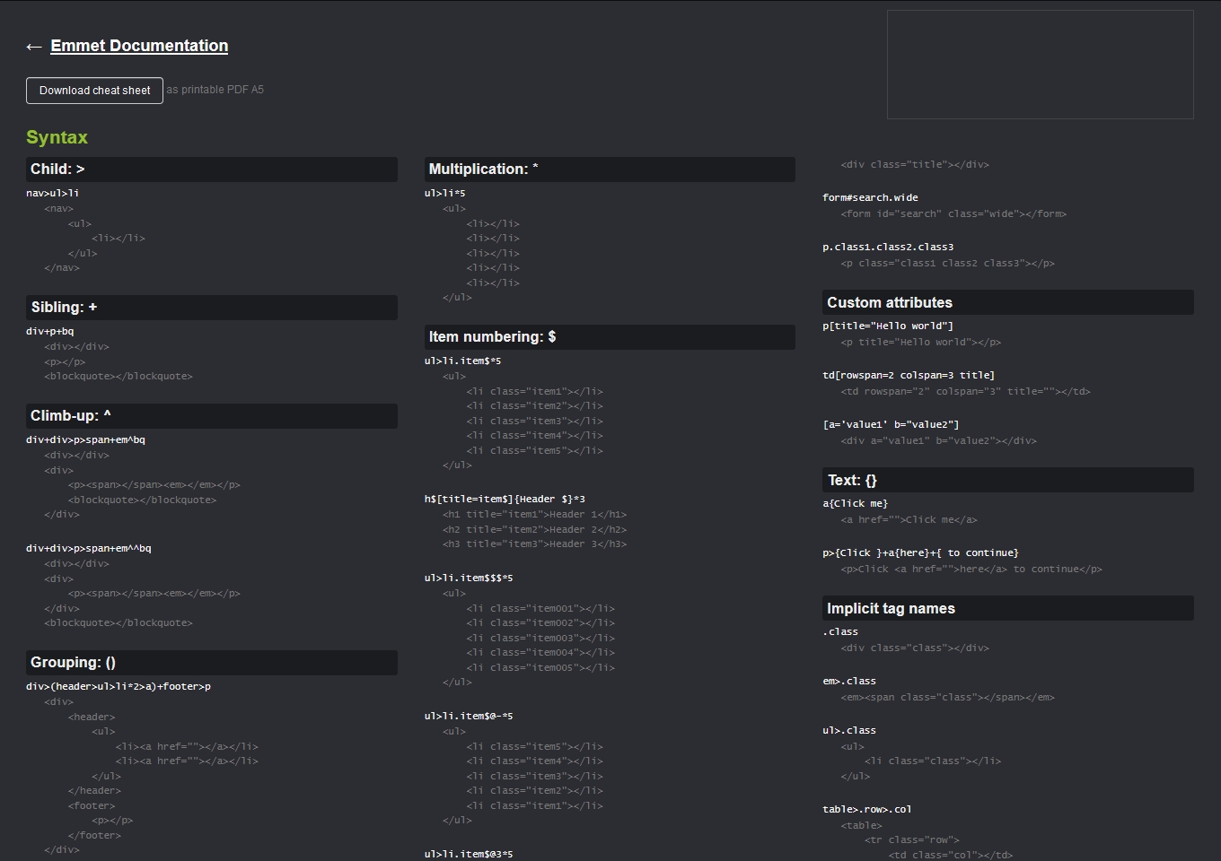 Emmet Cheat Sheet（エメットチートシート）